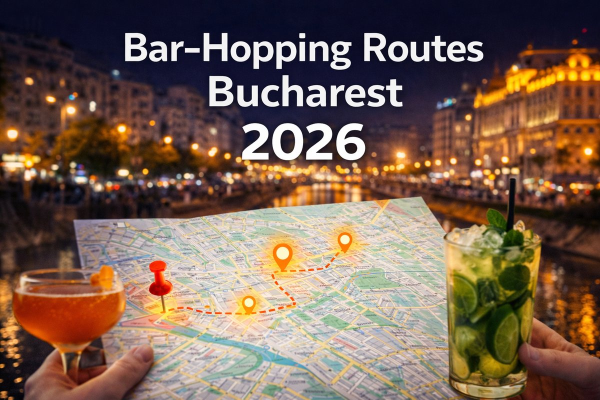 Bar hopping map of Bucharest with marked locations, route pins, and cocktails showing the bar crawl experience