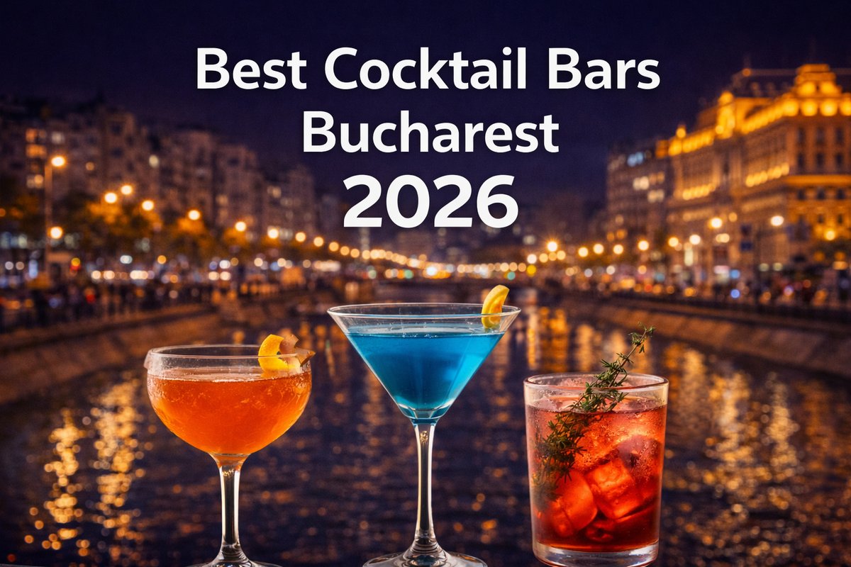 Three colorful cocktails - orange coupe, blue martini, and red old fashioned - with Bucharest nightscape background
