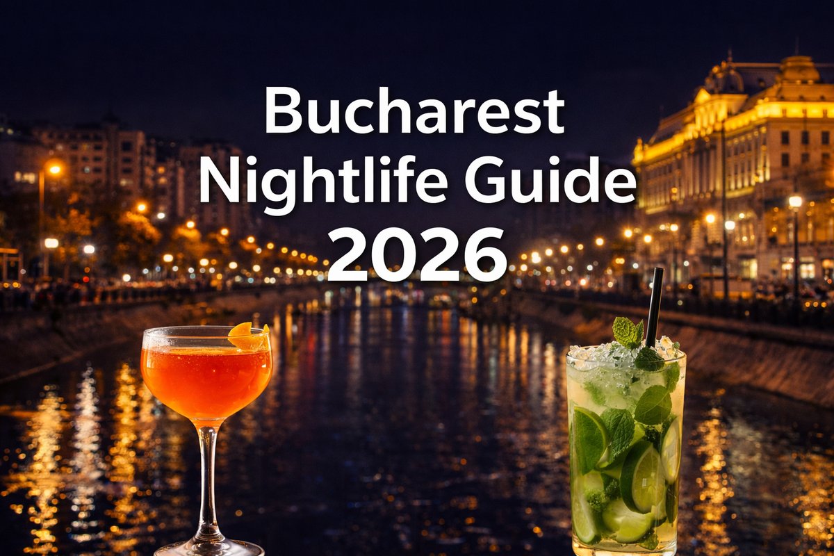 Bucharest nightlife at night with illuminated cityscape, cocktails by the river, and vibrant evening atmosphere